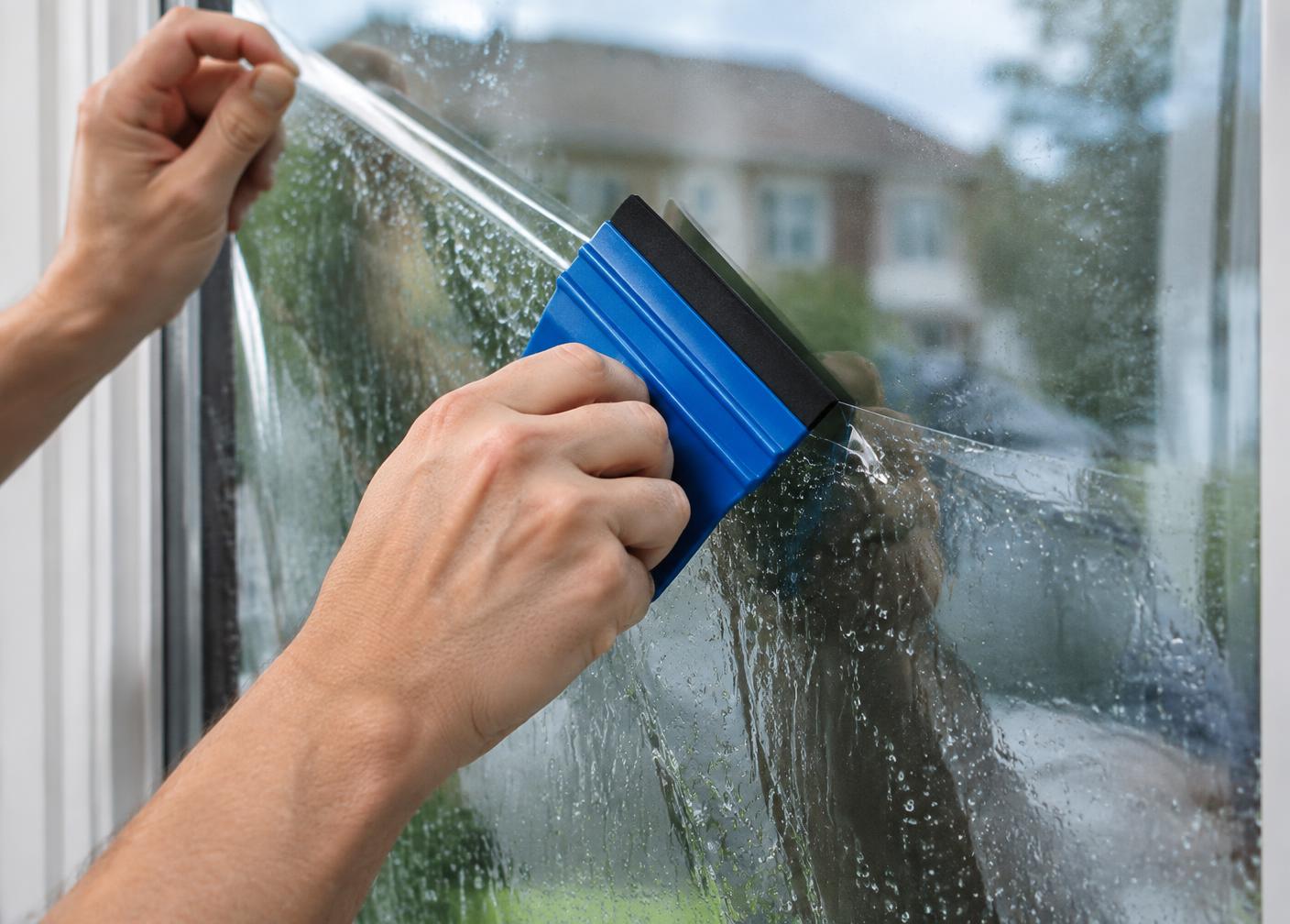 Hands smoothing Window Film onto glass with a squeegee
