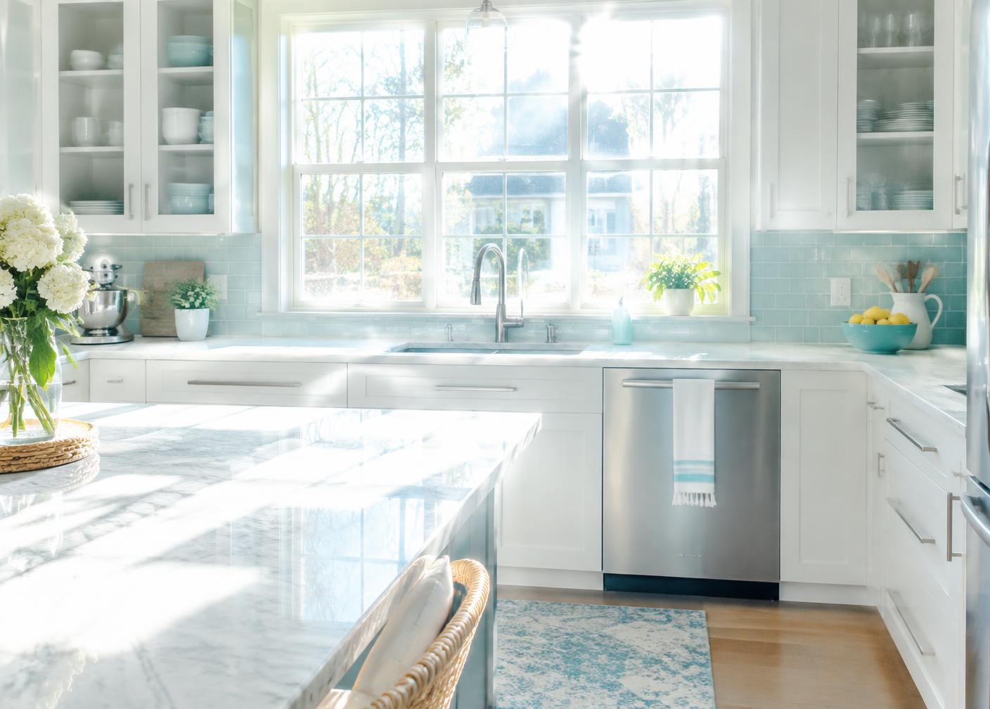 Kitchen with bright glare across the countertop from a large window